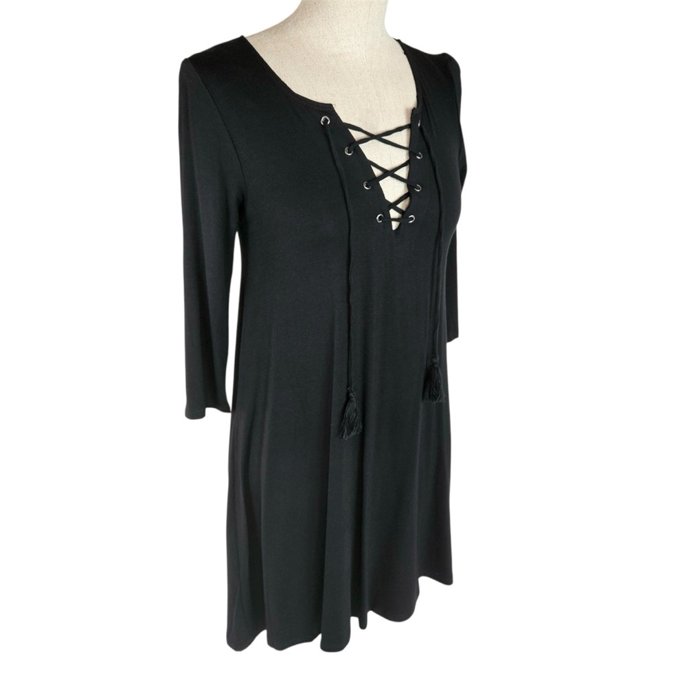 Socialite 3/4 Sleeve Dress Rayon Jersey Tie Front Solid Black XS